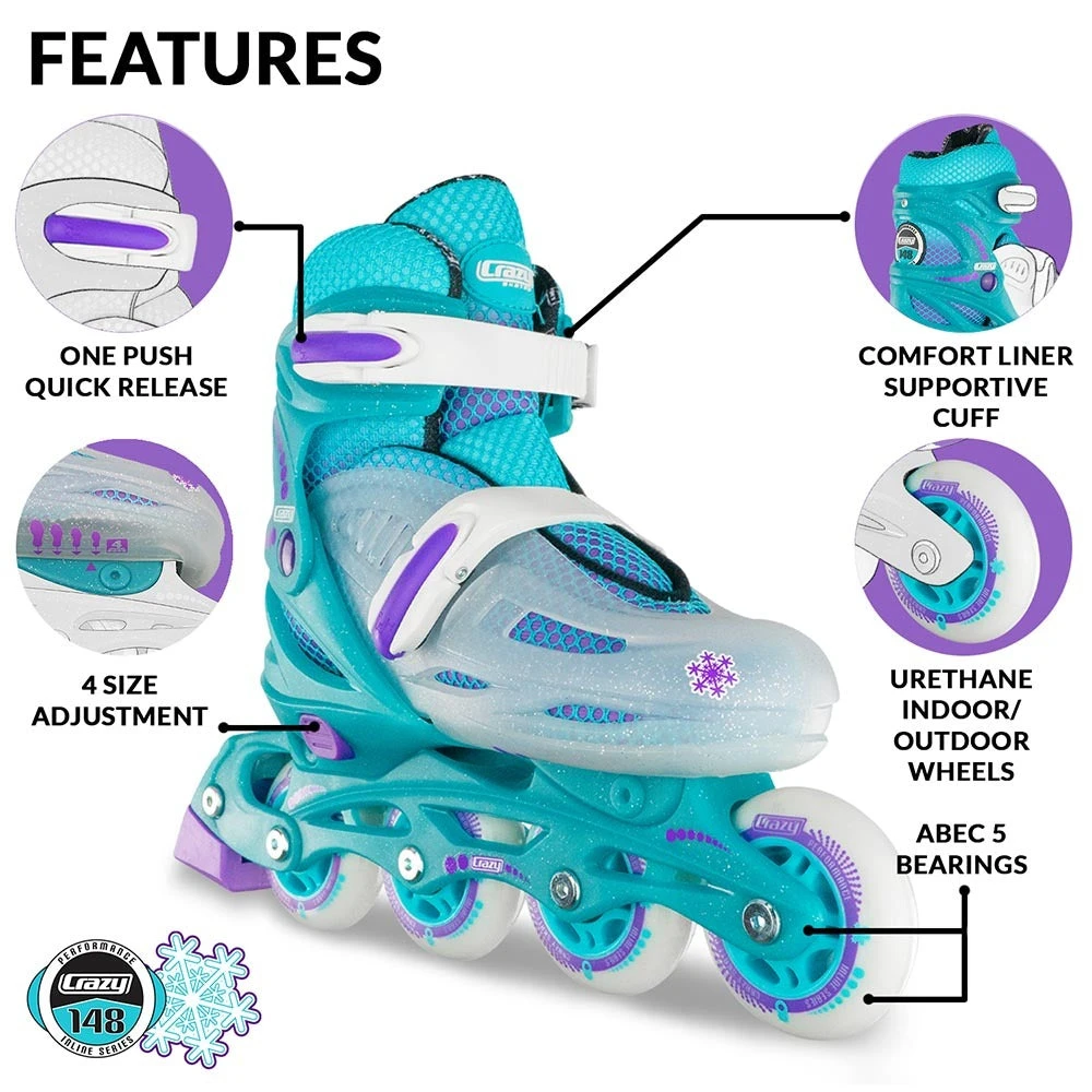 Crazy - 148 Adjustable Inline Skate - Teal Glitter 4 Crazy - 148 Adjustable Inline Skate - Teal Glitter - Image 4